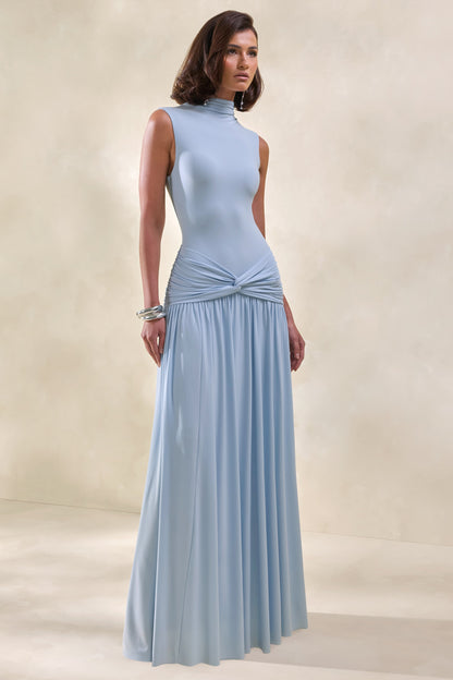 Glimora | Vestido Largo Azul celeste de Cuello Alto con Detalle Fruncido