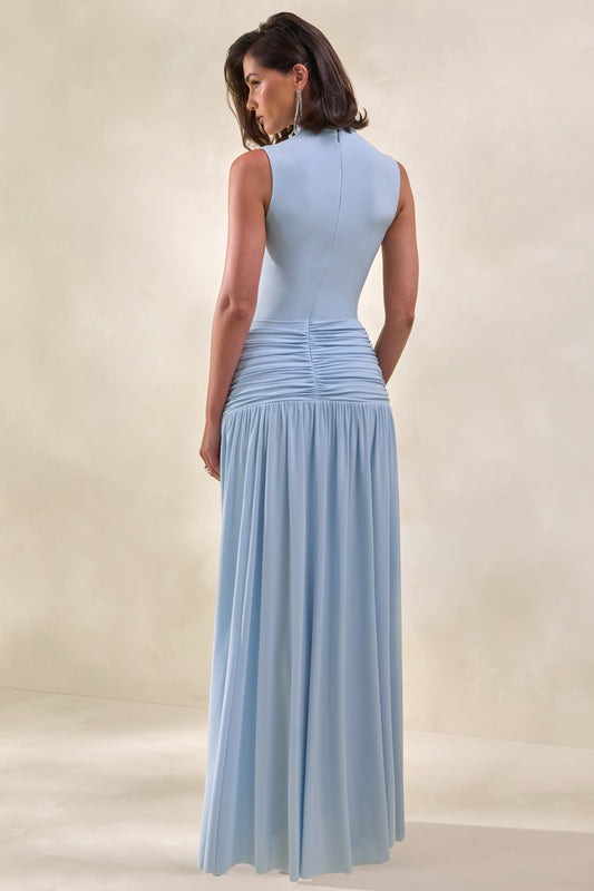Glimora | Vestido Largo Azul celeste de Cuello Alto con Detalle Fruncido