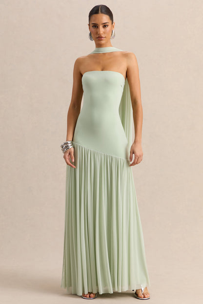 Bambi | Vestido Largo Menta Bandeau con Detalle de Pañuelo