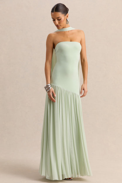Bambi | Vestido Largo Menta Bandeau con Detalle de Pañuelo