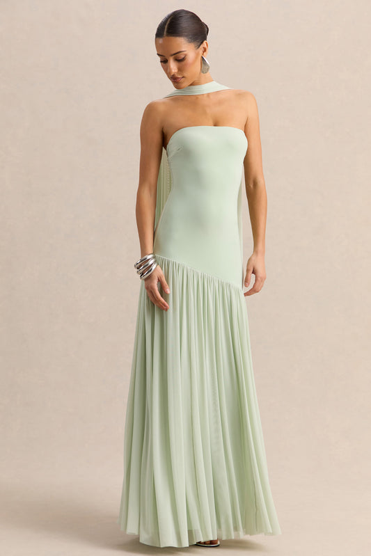 Bambi | Vestido Largo Menta Bandeau con Detalle de Pañuelo
