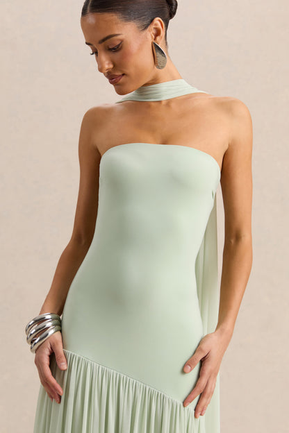 Bambi | Vestido Largo Menta Bandeau con Detalle de Pañuelo