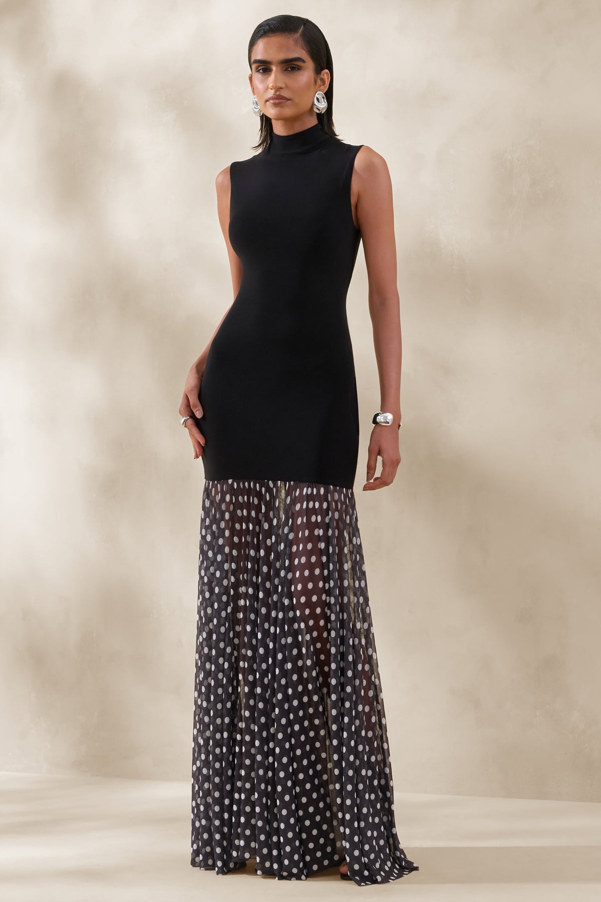 Felina | Vestido Largo Negro De Jersey Elástico Con Falda Transparente