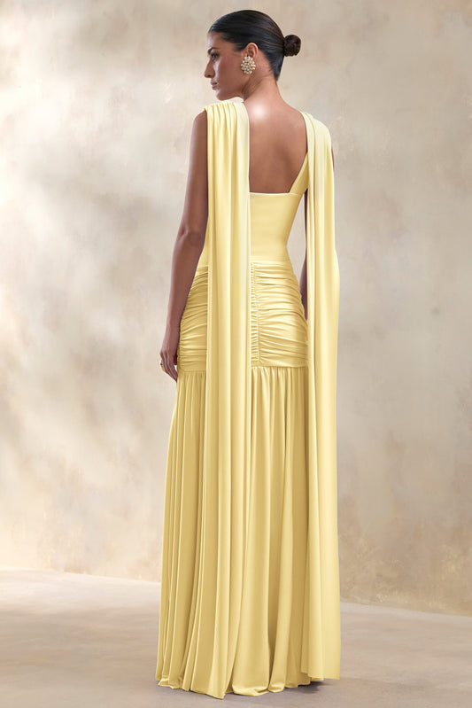 Amelisse | Vestido Largo Limón Con Escote Pronunciado Y Detalle Fruncido