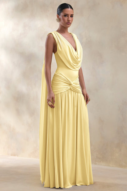 Amelisse | Vestido Largo Limón Con Escote Pronunciado Y Detalle Fruncido
