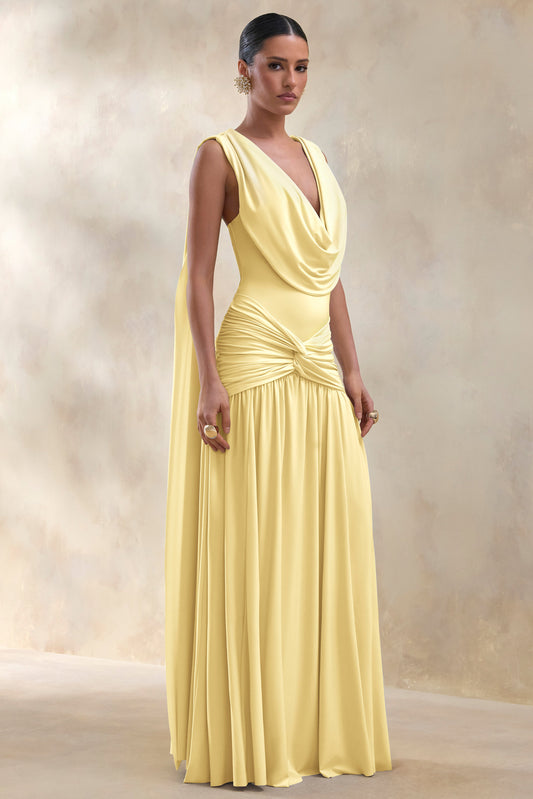 Amelisse | Vestido Largo Limón Con Escote Pronunciado Y Detalle Fruncido