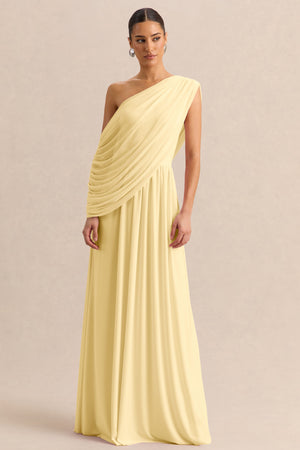 Sabianna | Vestido Largo Limón de Escote Asimétrico con Detalle Drapeado