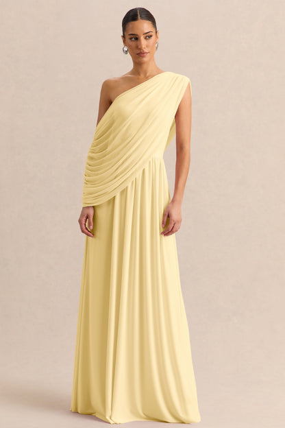 Sabianna | Vestido Largo Limón de Escote Asimétrico con Detalle Drapeado