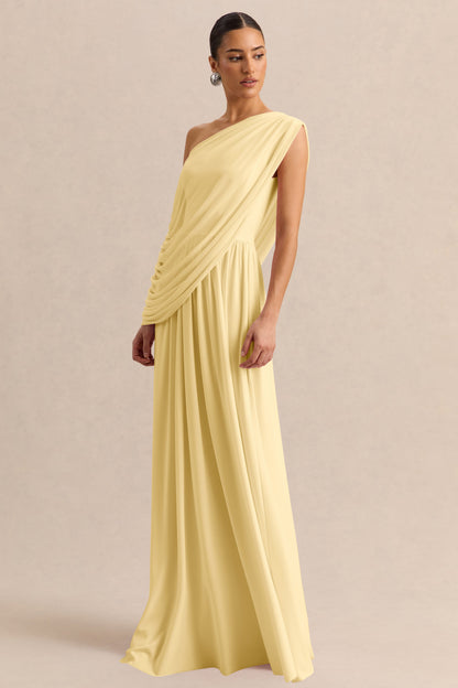 Sabianna | Vestido Largo Limón de Escote Asimétrico con Detalle Drapeado