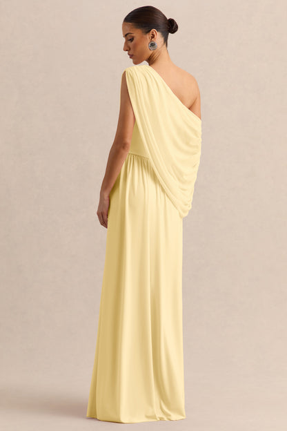 Sabianna | Vestido Largo Limón de Escote Asimétrico con Detalle Drapeado