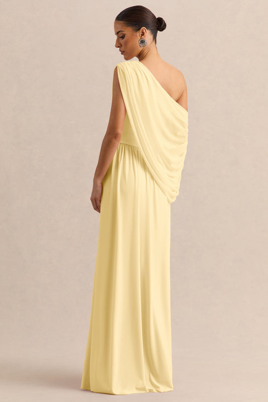 Sabianna | Vestido Largo Limón de Escote Asimétrico con Detalle Drapeado