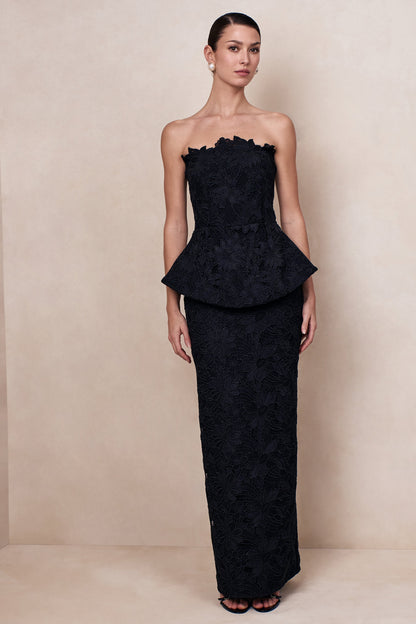 Delvine | Vestido Largo de encaje negro con escote bandeau y corsé