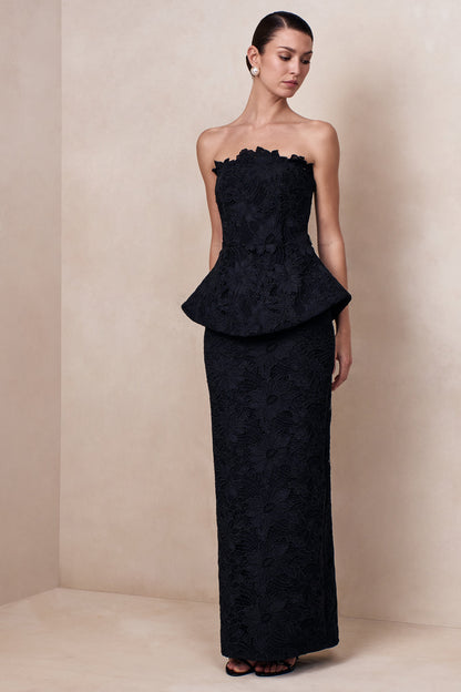 Delvine | Vestido Largo de encaje negro con escote bandeau y corsé