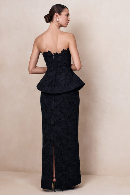 Delvine | Vestido Largo de encaje negro con escote bandeau y corsé