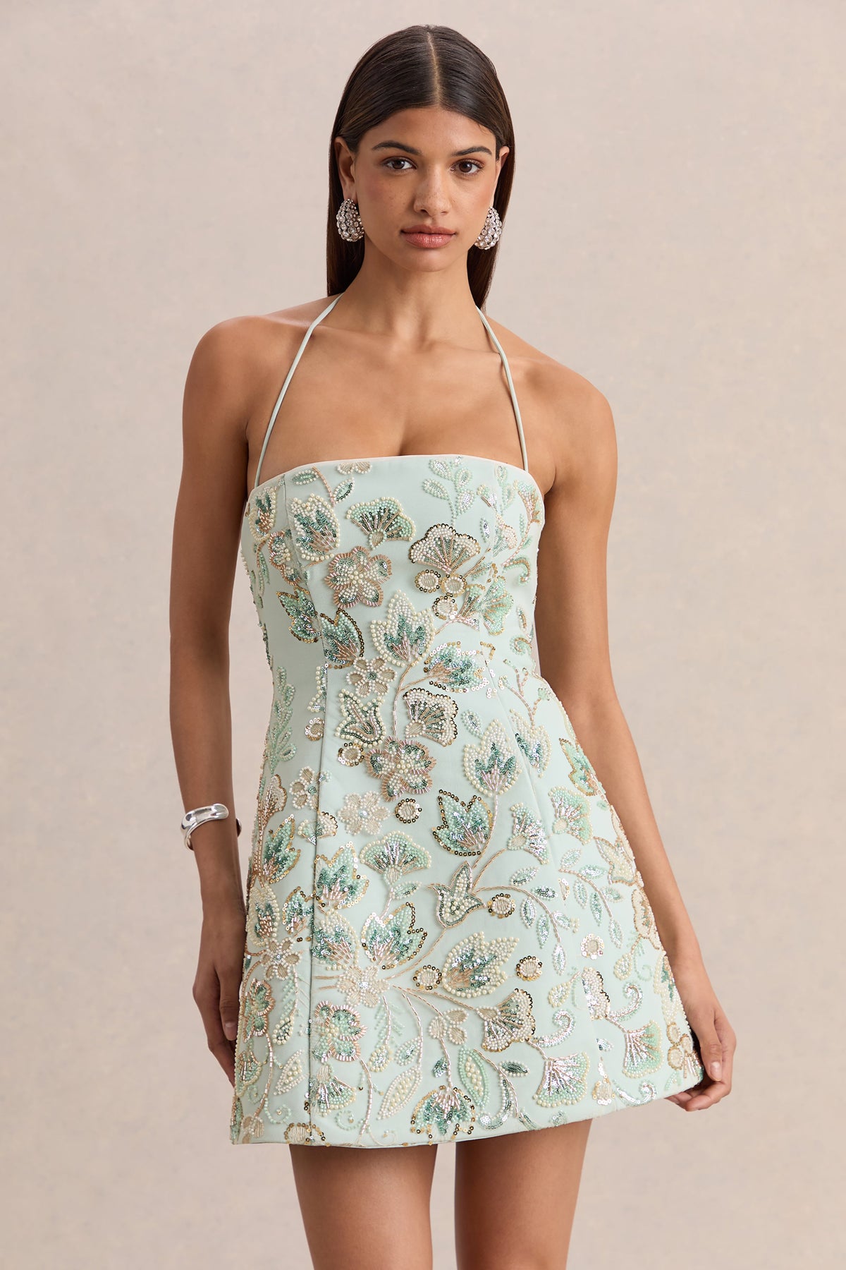 Brianna | Azul Floral Adornado Escote Cuadrado Vestido Corto
