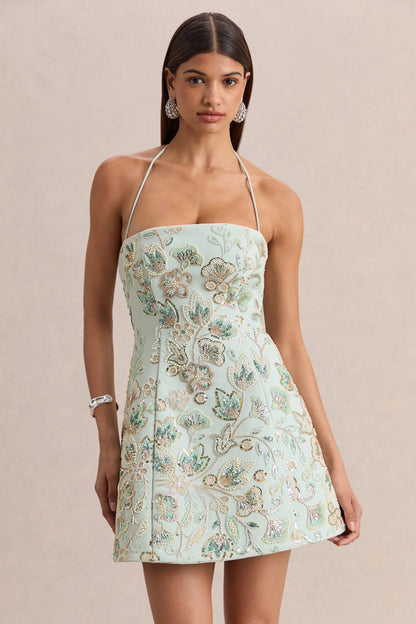Brianna | Azul Floral Adornado Escote Cuadrado Vestido Corto