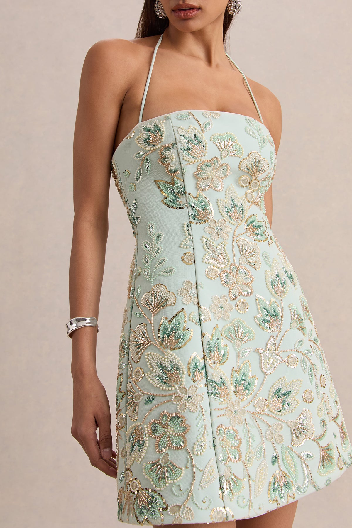 Brianna | Azul Floral Adornado Escote Cuadrado Vestido Corto
