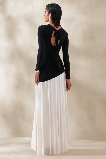 Jasira | Negro y Blanco Cuello Redondo Vestido Largo con Cintura Caída Asimétrica