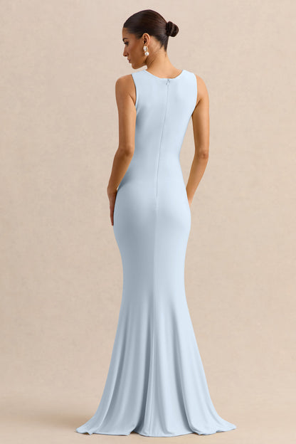 Holly | Vestido Largo Azul celeste de Escote Pronunciado con Detalle de Torsión