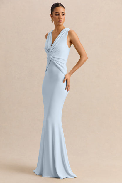 Holly | Vestido Largo Azul celeste de Escote Pronunciado con Detalle de Torsión