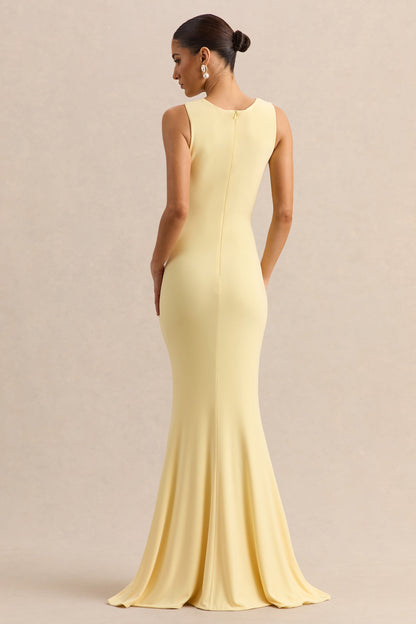 Holly | Vestido Largo Limón de Escote Pronunciado con Detalle de Torsión