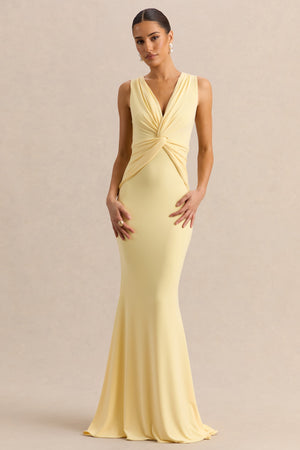 Holly | Vestido Largo Limón de Escote Pronunciado con Detalle de Torsión