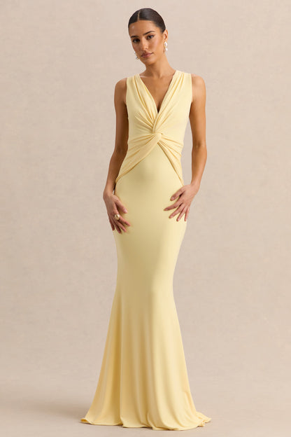 Holly | Vestido Largo Limón de Escote Pronunciado con Detalle de Torsión