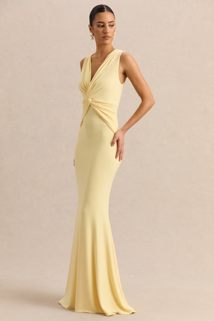 Holly | Vestido Largo Limón de Escote Pronunciado con Detalle de Torsión