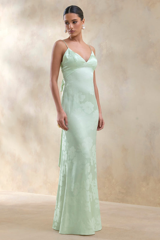 Carelle | Vestido Largo de Satén Verde con Escote en V Profundo y Cintura Asimétrica