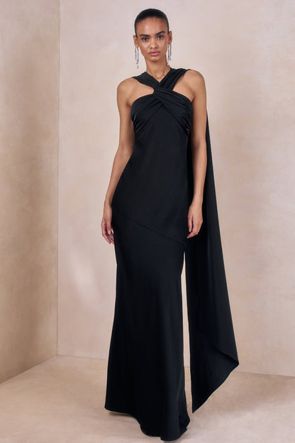 Sloane | Negro Satén Cuello Halter Vestido Largo con Capa