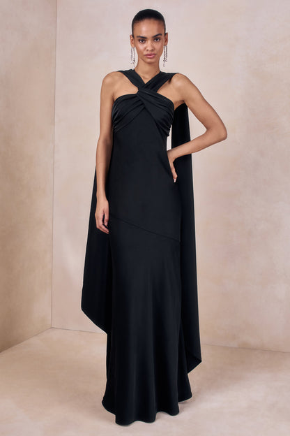 Sloane | Negro Satén Cuello Halter Vestido Largo con Capa
