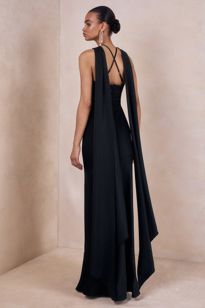 Sloane | Negro Satén Cuello Halter Vestido Largo con Capa