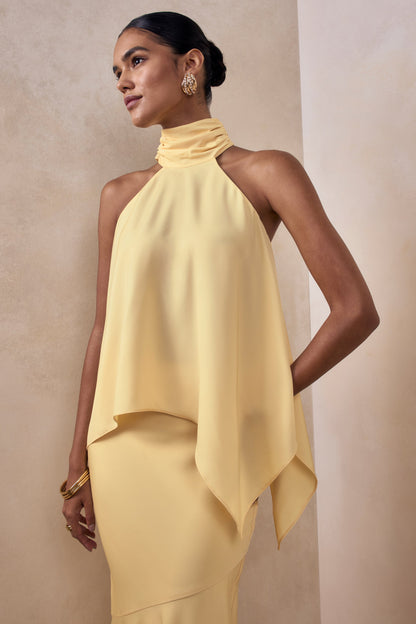 Sancelle | Top de satén color limón con escote halter