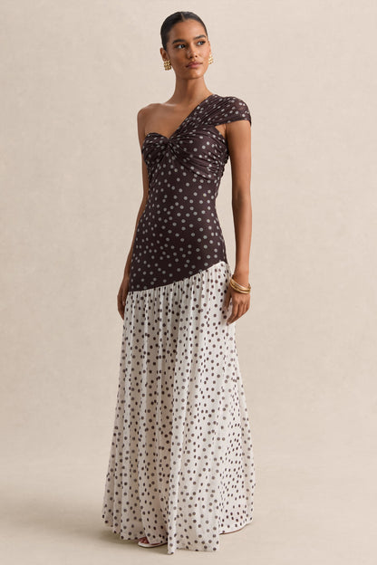 Motira | Vestido Largo Marrón De Lunares Con Escote Asimétrico Y Cintura Caída Asimétrica