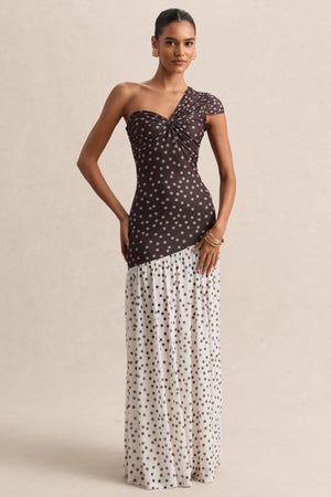 Motira | Vestido Largo Marrón De Lunares Con Escote Asimétrico Y Cintura Caída Asimétrica