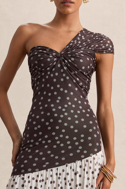 Motira | Vestido Largo Marrón De Lunares Con Escote Asimétrico Y Cintura Caída Asimétrica