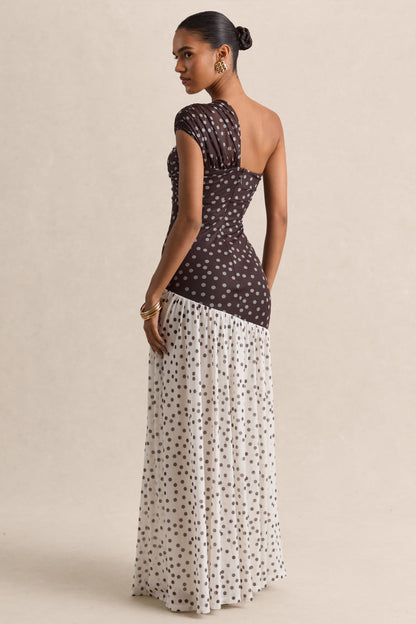 Motira | Vestido Largo Marrón De Lunares Con Escote Asimétrico Y Cintura Caída Asimétrica