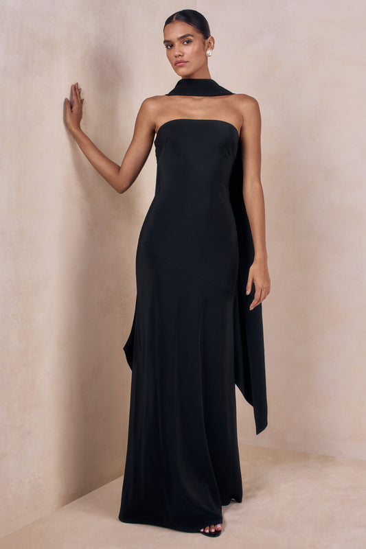 Charly | Vestido Largo Bandeau De Satén En Negro Con Detalle De Pañuelo