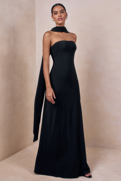 Charly | Vestido Largo Bandeau De Satén En Negro Con Detalle De Pañuelo