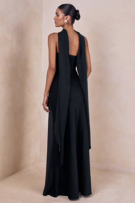 Charly | Vestido Largo Bandeau De Satén En Negro Con Detalle De Pañuelo