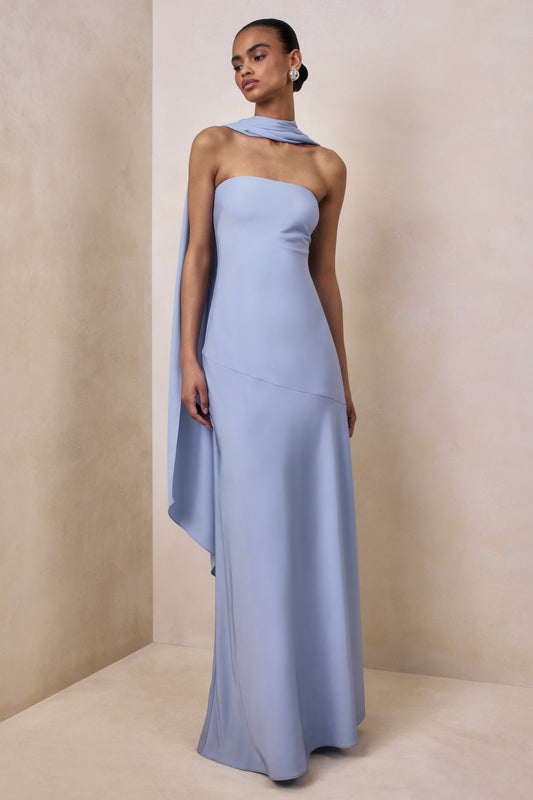 Charly | Vestido Largo Bandeau de Satén Azul pastel con Detalle de Bufanda