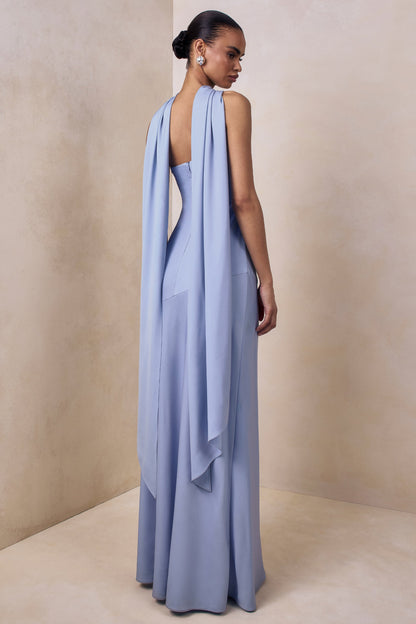 Charly | Vestido Largo Bandeau de Satén Azul pastel con Detalle de Bufanda