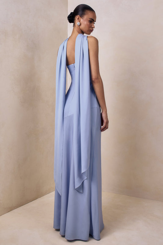 Charly | Vestido Largo Bandeau de Satén Azul pastel con Detalle de Bufanda