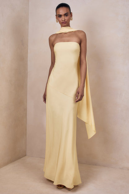 Charly | Vestido Largo Bandeau De Satén En Amarillo Limón Con Detalle De Pañuelo