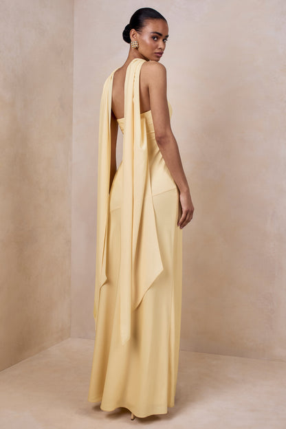 Charly | Vestido Largo Bandeau De Satén En Amarillo Limón Con Detalle De Pañuelo
