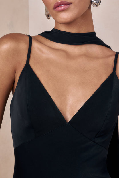 Starling | Negro Satén Escote Pronunciado Vestido Largo con Detalle de Pañuelo