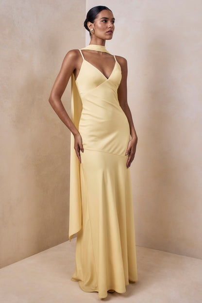 Starling | Limón Satén Escote Pronunciado Vestido Largo con Detalle de Pañuelo