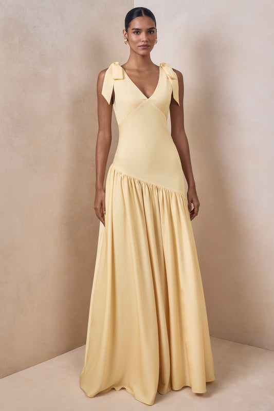 Cala | Vestido Largo de satén color limón con escote pronunciado y mangas con lazo