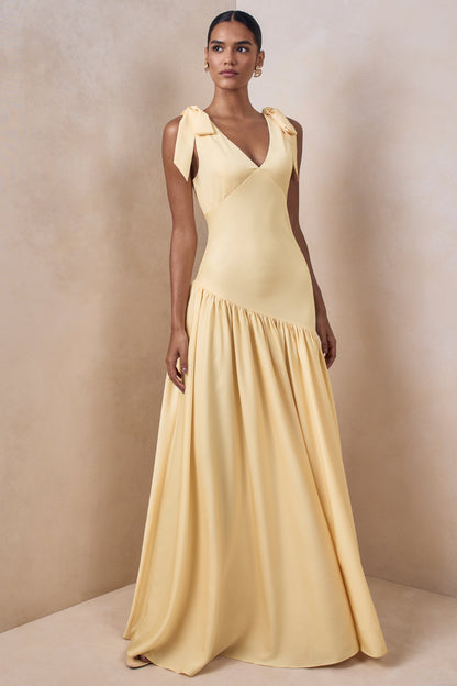 Cala | Vestido Largo de satén color limón con escote pronunciado y mangas con lazo
