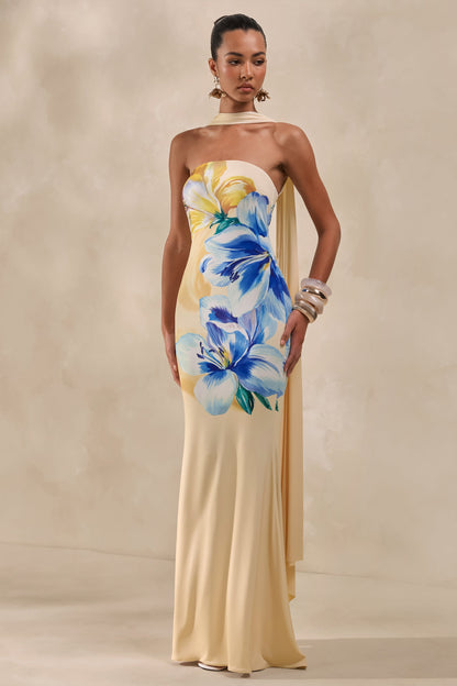 Brooke | Vestido Largo Bandeau Con Estampado Floral En Amarillo Limón Y Azul Y Pañuelo